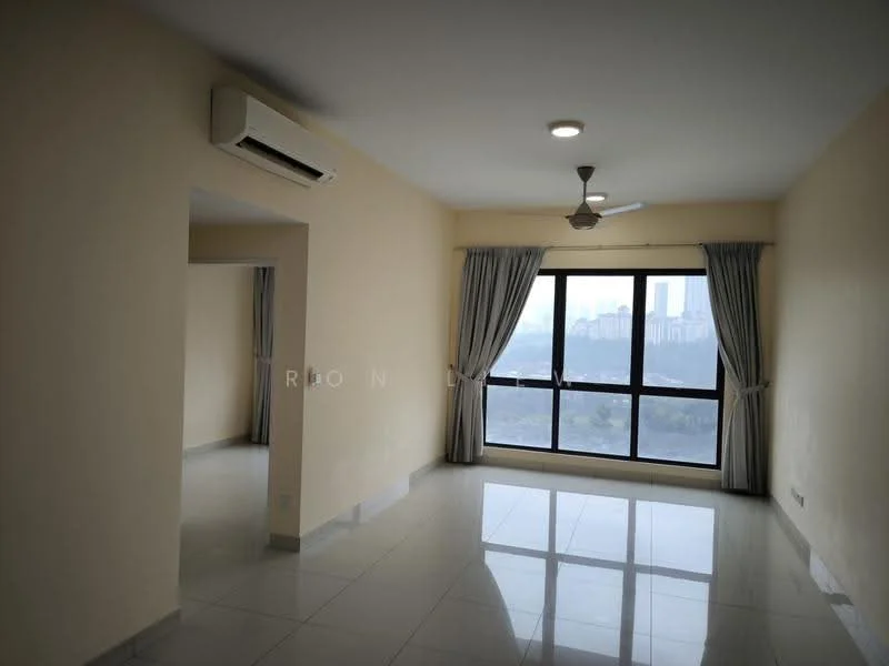 Living features: white painted walls, polished ceramic tile flooring, 5-blade ceiling fan with light, floor-to-ceiling windows, curtains, wall-mounted split AC, natural light from windows, city skyline view; style: modern; view: city. Room features: white painted walls, polished ceramic tile flooring, natural light from windows.