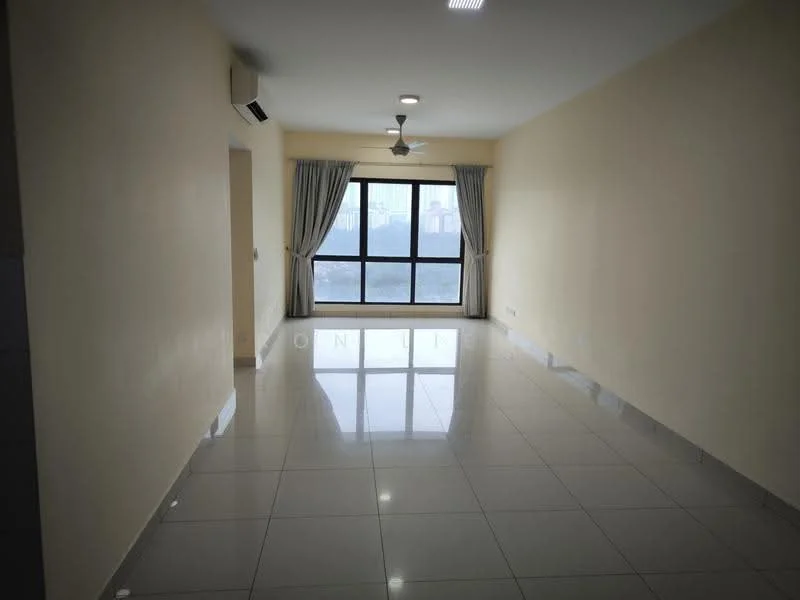 Living features: cream painted walls, glossy ceramic tile flooring, 5-blade ceiling fan with light, floor-to-ceiling windows, sheer curtains, recessed downlights; style: modern; view: city.