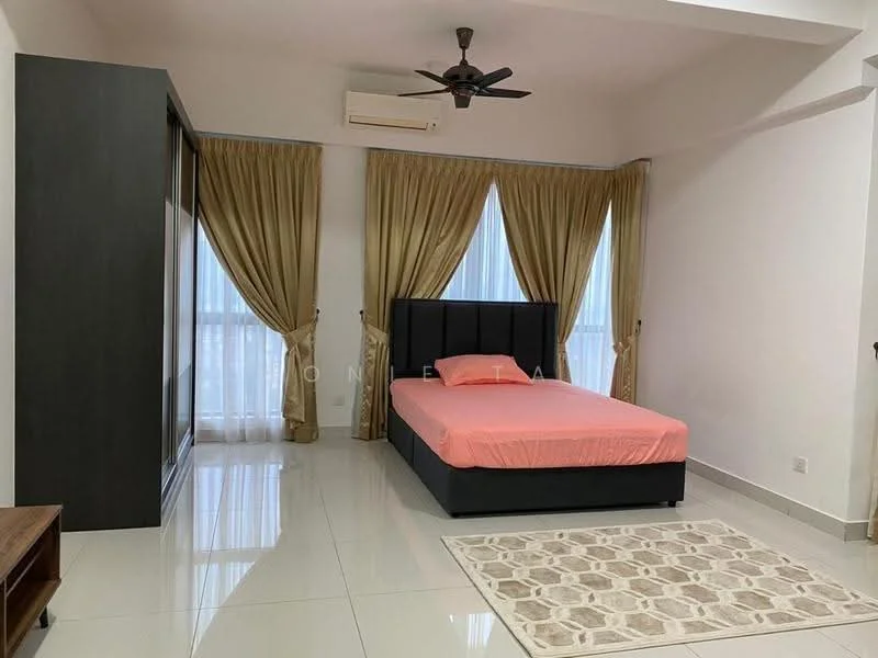 Bedroom features: king-size bed with pink bedding, upholstered headboard, 2 bedside lamps, built-in wardrobe with sliding doors, floor-to-ceiling windows, sheer curtains, blackout curtains, polished tile flooring, ceiling fan, decorative area rug; style: modern.