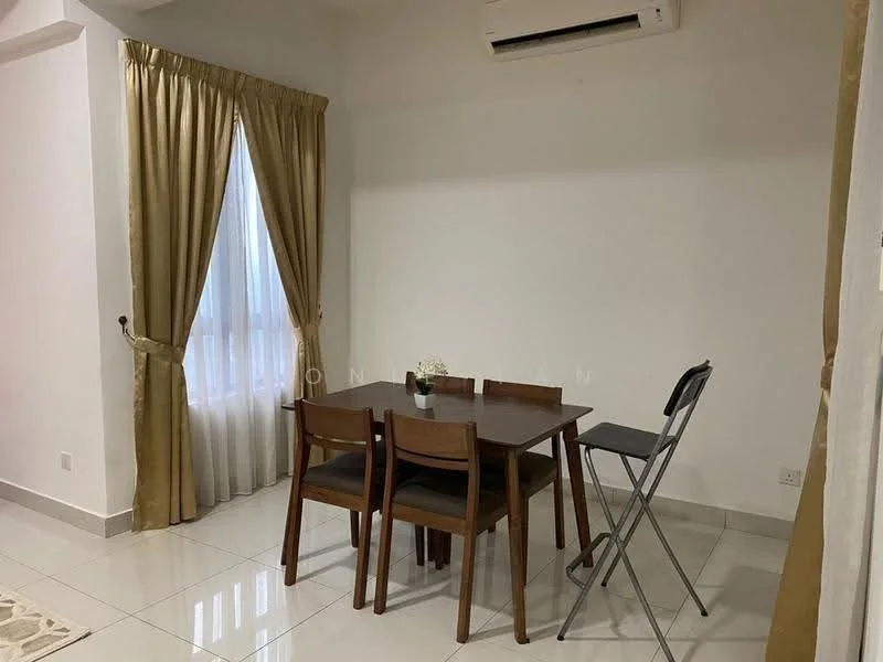 Dining features: 4-seater wooden dining table, wooden dining chairs, folding chair, cream curtains, white painted walls, glossy ceramic tile flooring, wall-mounted split AC; style: modern.
