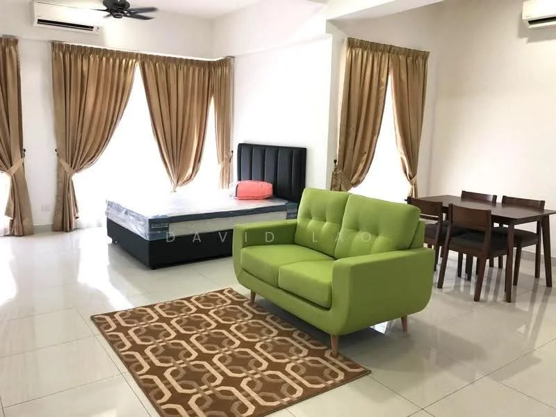 Living features: green fabric sofa, coffee table, area rug with geometric pattern, dining table with four chairs, queen-size bed, black upholstered bed frame, floor-to-ceiling windows, sheer curtains, white painted walls, glossy tile flooring, ceiling fan; style: modern.