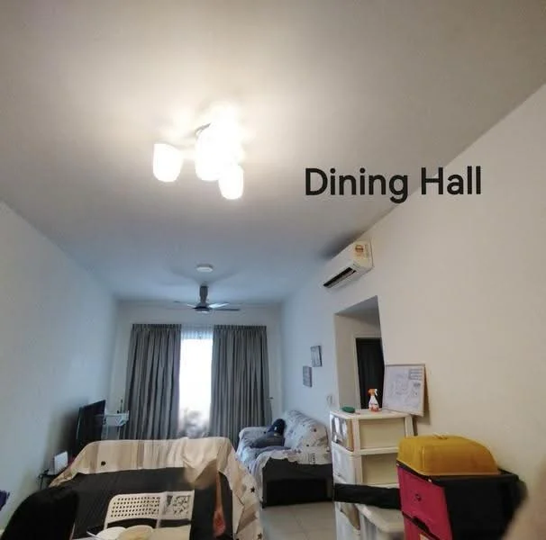 Dining features: ceiling fan, recessed downlights, wall-mounted TV, curtains, white walls, tile flooring, sofa, dining table, storage boxes.