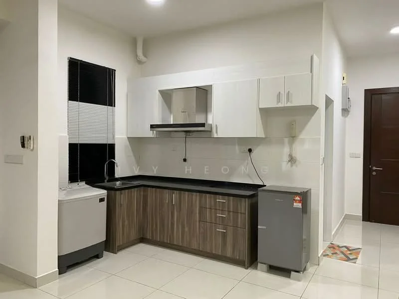 Kitchen features: white upper cabinets, brown lower cabinets, black countertop, stainless-steel sink, chrome pull-down faucet, built-in stove with hood, refrigerator, washing machine, tile flooring, white painted walls, window with black blinds; style: modern.