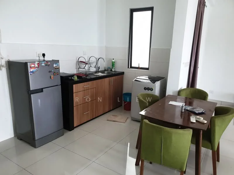 Kitchen features: stainless-steel fridge, black countertop, wood cabinetry, double-bowl stainless-steel sink, chrome pull-down faucet, white tiled walls, ceramic tile flooring, window with black frame, dining table with four green chairs, dish rack, washing machine, kitchen utensils on table; style: modern.
