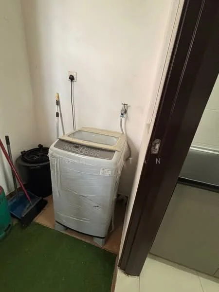 Laundry features: top-load washing machine, white appliance, power outlet, cleaning supplies, sweeping broom, green mat flooring, neutral painted walls, tile flooring.