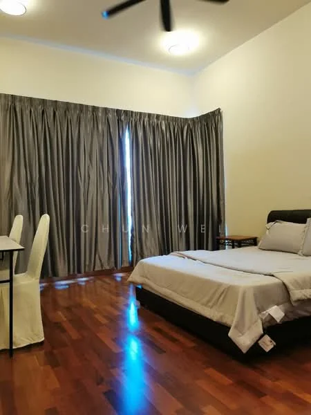 Bedroom features: queen-size bed, upholstered headboard, wooden flooring, floor-to-ceiling windows, grey curtains, white bedding, study desk, chair, ceiling fan with light; style: modern.