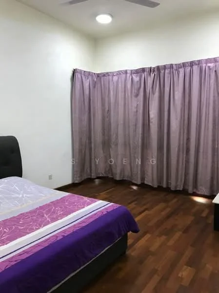 Bedroom features: queen-size bed with upholstered headboard, purple and white bedding, wooden flooring, floor-to-ceiling curtains in purple, ceiling fan, wall-mounted light fixture, nightstand, decorative wall with no visible artwork; style: modern.