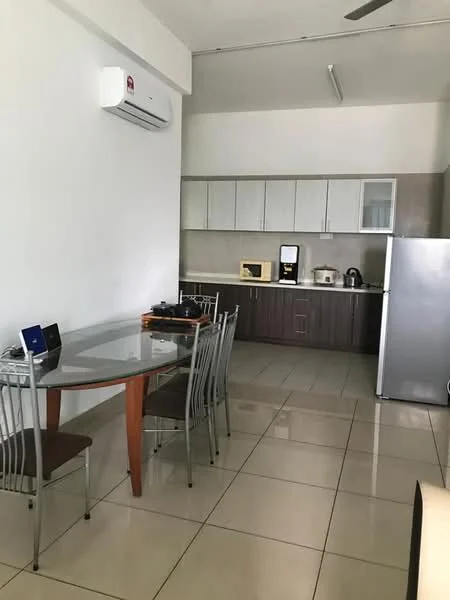 Kitchen features: white painted walls, ceramic tile flooring, ceiling fan, kitchen cabinets in dark wood, microwave, stainless-steel fridge, built-in countertop, glass dining table, metal dining chairs, kettle, toaster; style: modern.
