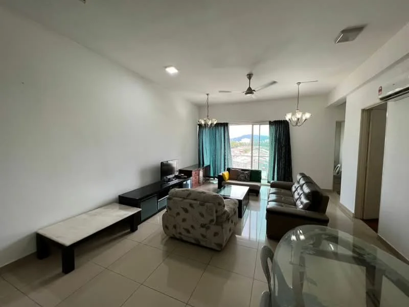 Living features: cream painted walls, white ceiling, recessed downlights, 5-blade ceiling fan, 3-seater leather sofa in brown, 2-seater fabric sofa in light grey, coffee table with marble top, TV console in black, wall-mounted TV, floor-to-ceiling windows with city view, curtains in dark teal, area rug with geometric pattern; style: modern; view: city.
