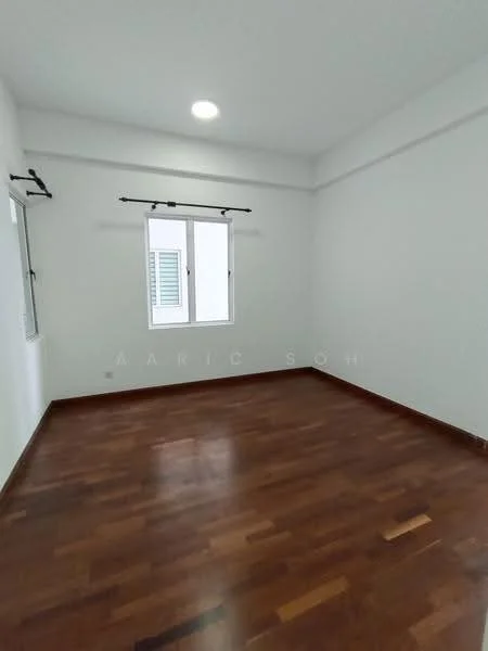 Room features: white painted walls, wooden flooring, single ceiling light, two windows with white frames, curtain rods above windows; style: modern.