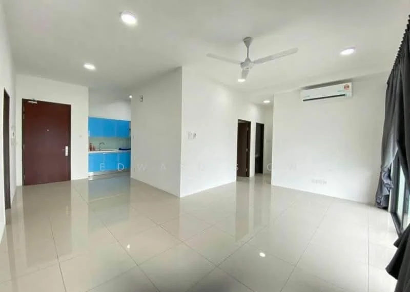 Living features: white painted walls, glossy ceramic tile flooring, 5-blade ceiling fan with light, wall-mounted split AC, large window with sheer curtains, neutral color scheme, recessed downlights, open layout to kitchen area; style: modern. Kitchen features: blue cabinetry, countertop, kitchen appliances visible, open layout to living area; style: modern.