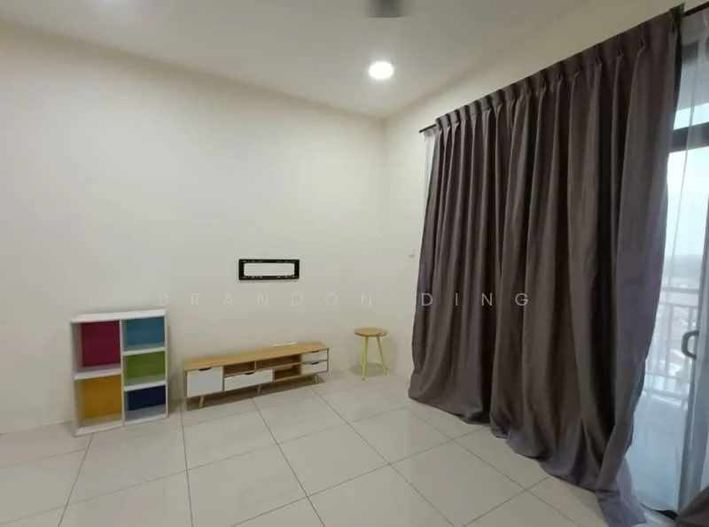 Room features: white painted walls, tile flooring, floor-to-ceiling windows, grey curtains, wooden stool, TV console with storage, colorful open shelving unit; style: modern; view: city.