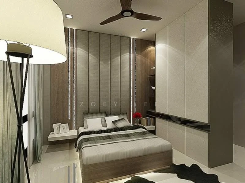 Bedroom features: king-size bed with grey bedding, upholstered headboard, two bedside tables, table lamp with white shade, built-in wardrobe with sliding doors, wood panel accent wall, recessed lighting, ceiling fan, large window with sheer curtains, decorative red flower arrangement; style: modern.