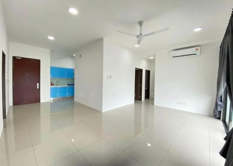 Living features: white painted walls, glossy ceramic tile flooring, 5-blade ceiling fan with light, wall-mounted split AC, large window with sheer curtains, neutral color scheme, recessed downlights, open layout to kitchen, door leading to hallway, door leading to bedroom; style: modern. Kitchen features: blue cabinetry, stainless-steel sink, built-in countertop, ceramic tile backsplash, freestanding stove, refrigerator, open layout to living area; style: modern.