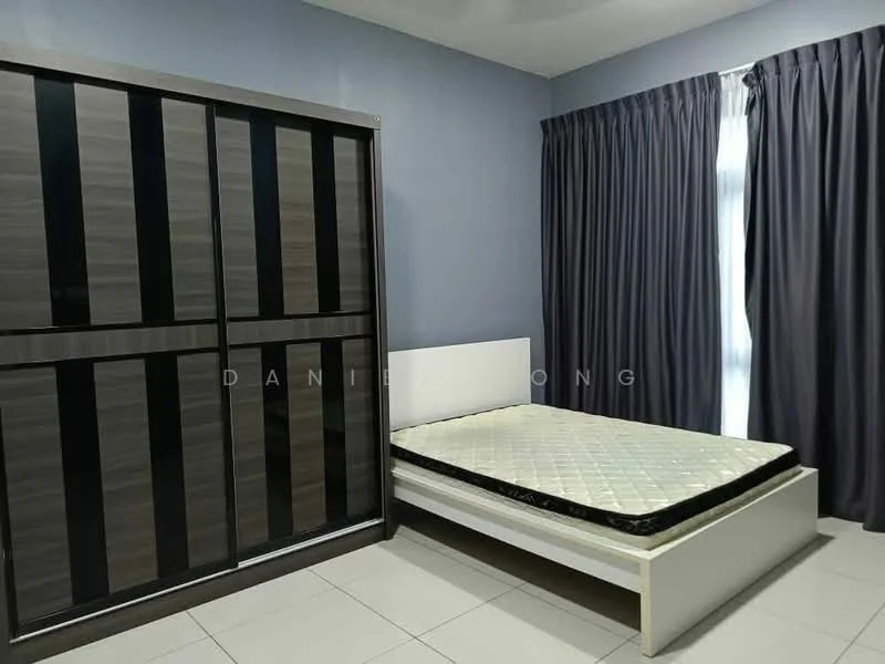 Bedroom features: queen-size bed frame without mattress, built-in wardrobe with sliding doors, grey painted walls, white ceiling, floor-to-ceiling window with sheer curtains, tile flooring, decorative wall paneling, bedside area with no visible furniture; style: modern.
