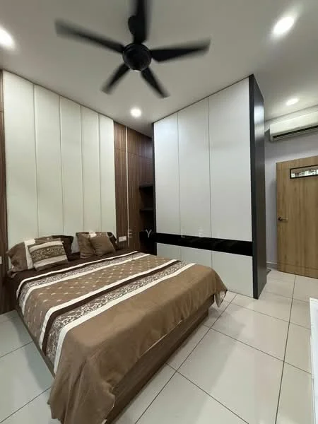 Bedroom features: king-size bed with brown bedding, upholstered headboard, built-in wardrobe with white and black finish, wood panel accent wall, recessed lighting, ceiling fan, white tiled flooring, decorative wall art, nightstand with lamp; style: modern.
