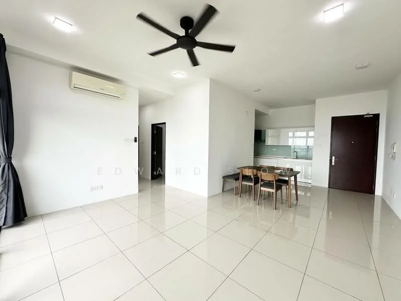Living features: white painted walls, glossy ceramic tile flooring, 5-blade ceiling fan with light, floor-to-ceiling windows, blackout curtains, dining table with four chairs, air conditioning unit, open layout, neutral color scheme; style: modern. Room features: doorway leading to another room, unknown wall surface, unknown flooring.