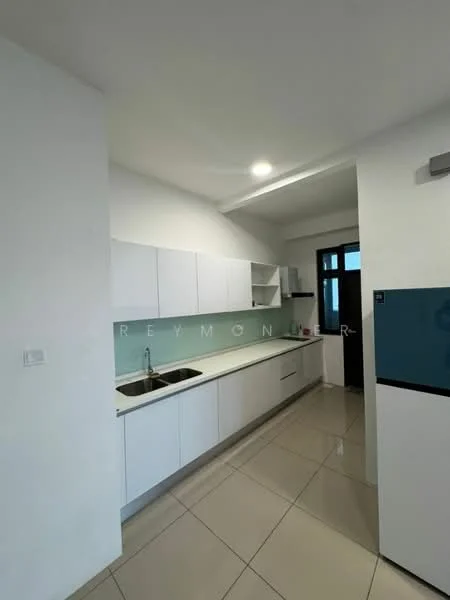 Kitchen features: white cabinetry, single-bowl stainless-steel sink, chrome pull-down faucet, light-colored countertop, ceramic tile flooring, recessed downlights, open shelving, built-in fridge, window for natural light; style: modern.