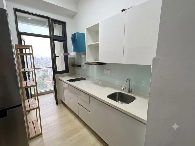 Kitchen features: white cabinetry with flat-panel doors, light-colored countertop, single-bowl stainless-steel sink, chrome pull-down faucet, built-in induction cooktop, glass backsplash, open shelving, wooden shelving unit, floor-to-ceiling windows, city view, light wood flooring; style: modern; view: city.