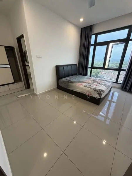 Bedroom features: queen-size bed, black upholstered headboard, floor-to-ceiling windows, grey curtains, white painted walls, glossy ceramic tile flooring, built-in wardrobe, recessed downlights; style: modern; view: city.