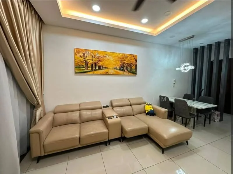 Living features: L-shape sectional sofa in beige, recliner sofa with cup holders, wall-mounted artwork with autumn scene, cream painted walls, recessed ceiling lights, ceiling fan, large window with sheer curtains, tile flooring, dining table with four upholstered chairs, decorative wall clock; style: modern.