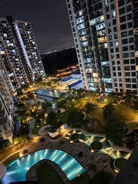 Exterior type: high-rise condominium; features: multiple high-rise buildings, landscape garden, infinity pool, lap pool, children's playground, outdoor lighting, manicured lawn, water features, paved walkways, surrounded by greenery; style: modern.
