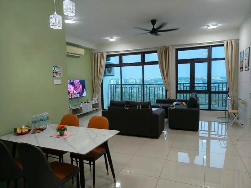 Living features: floor-to-ceiling windows, grey fabric sofa, 3-seater sofa, black coffee table, TV console, wall-mounted TV, ceiling fan, recessed downlights, cream walls, white tiled flooring, curtains, decorative wall art; style: modern; view: city. Dining features: 6-seater dining table, white marble tabletop, orange upholstered dining chairs, water bottles, decorative flower vase; style: modern; view: city.