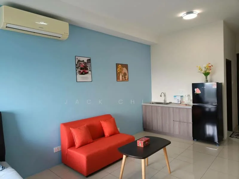 Living features: orange fabric sofa, black coffee table, wall-mounted split AC, light grey tiled flooring, blue accent wall, framed artwork on wall, refrigerator, kitchenette with sink and cabinetry; style: modern.
