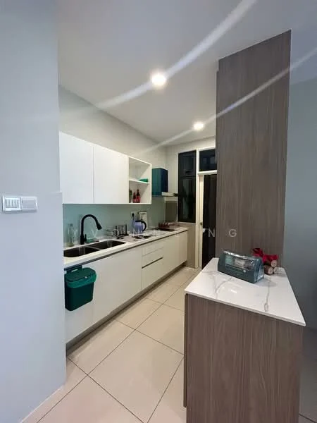 Kitchen features: white cabinetry, wooden accent panel, stainless-steel sink, chrome pull-down faucet, white quartz countertop, built-in oven, freestanding range oven, microwave, ceramic tile flooring, recessed downlights, open shelving, kitchen island, green waste bin; style: modern.