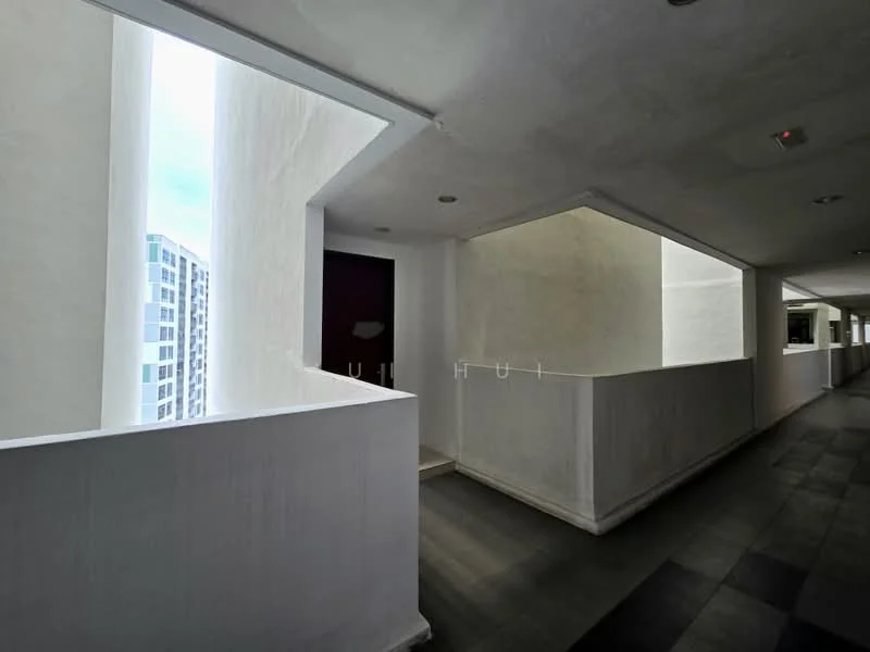 Room features: white painted walls, grey tiled flooring, recessed lighting, large windows, open corridor layout, balcony access, minimalist design; style: modern; view: city.