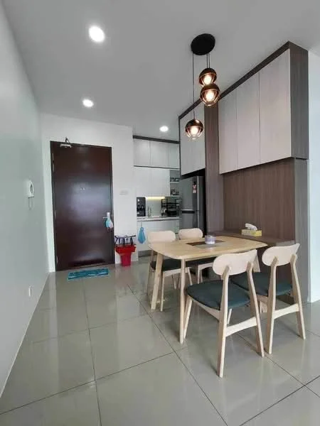 Dining features: dining table with 4 chairs, pendant light fixture, white painted walls, grey ceramic tile flooring, built-in cabinetry with wood finish, stainless-steel fridge, built-in oven, microwave, kitchen countertop, door leading to hallway; style: modern.