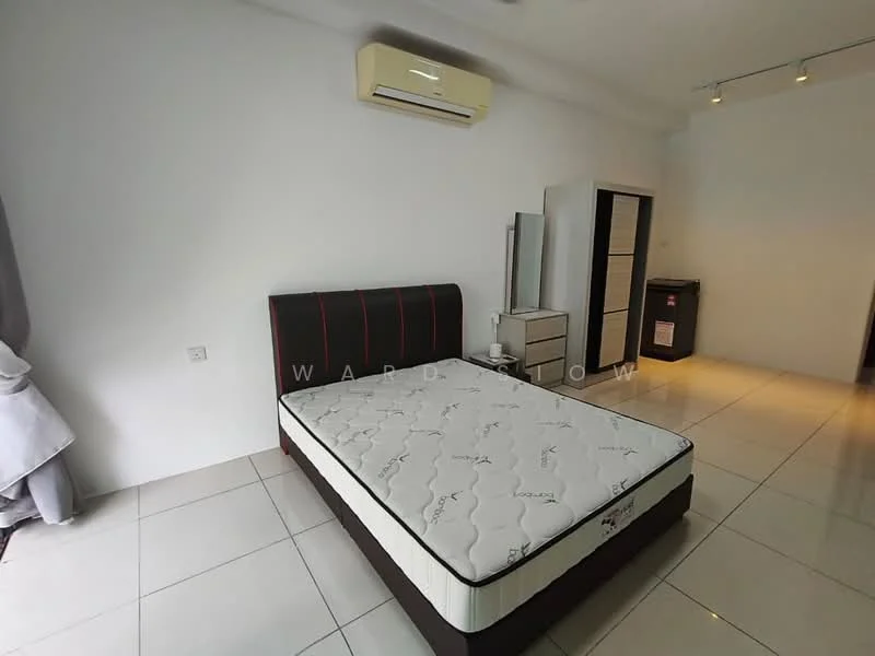 Bedroom features: queen-size bed, upholstered headboard, white painted walls, tile flooring, 1 wall-mounted split AC, 2 bedside lamps, built-in wardrobe, full-length mirror, window with sheer curtains, recessed lighting; style: modern.