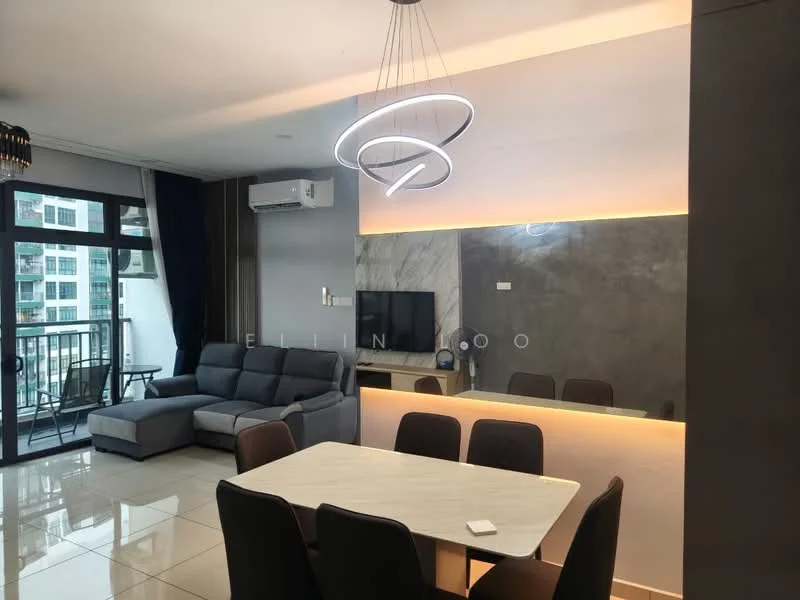 Living features: grey fabric sectional sofa, marble dining table, upholstered dining chairs, wall-mounted TV, recessed LED downlights, modern pendant light fixture, floor-to-ceiling windows, sliding glass door, balcony access, grey accent wall, cream tiled flooring, air conditioning unit; style: modern; view: city.