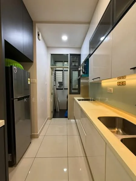 Kitchen features: white cabinetry, black countertop, double-bowl stainless-steel sink, chrome pull-down faucet, built-in oven, stainless-steel fridge, ceramic tile flooring, wall-mounted cabinets, recessed downlights, window with grille, open shelving, neutral wall color; style: modern.