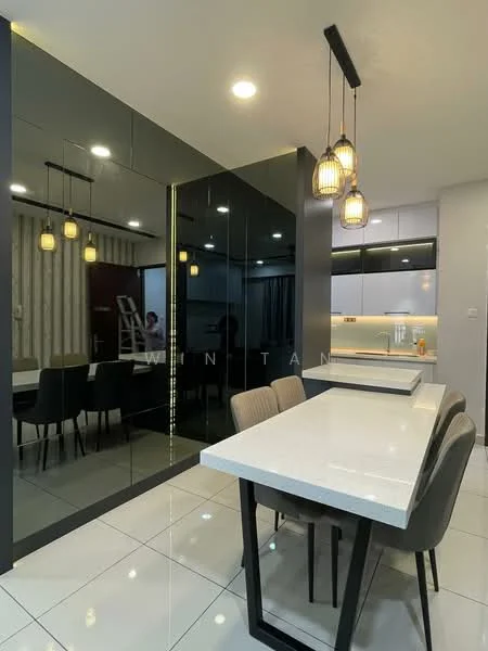 Dining features: white marble dining table, 4 upholstered dining chairs in beige, pendant lighting with woven shades, black cabinetry with glossy finish, white upper cabinets, built-in kitchen appliances, white tiled flooring, recessed ceiling lights, decorative wall mirror, grey accent wall, curtains on window; style: modern.