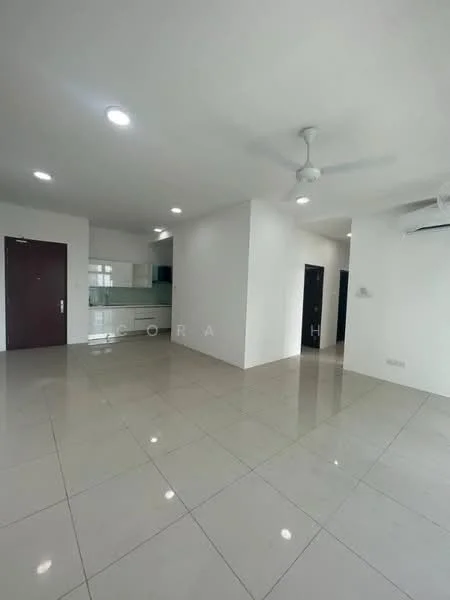 Living features: white painted walls, glossy ceramic tile flooring, recessed downlights, 5-blade ceiling fan, air conditioning unit, open layout, large windows, neutral color palette; style: modern. Kitchen features: white cabinetry, countertop with backsplash, stainless-steel sink, built-in appliances, open to living area; style: modern.