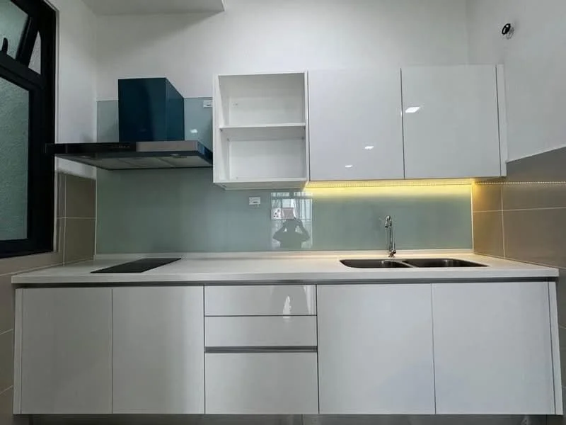 Kitchen features: white glossy cabinetry, double-bowl stainless-steel sink, chrome pull-down faucet, white quartz countertop, glass backsplash, built-in stainless-steel range hood, under-cabinet LED strip lighting, ceramic tile flooring, wall-mounted cabinet, open shelving; style: modern.
