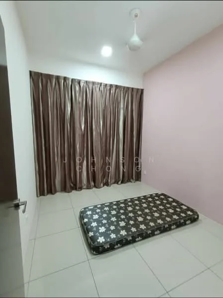 Bedroom features: light-colored painted walls, pink accent wall, floor-to-ceiling curtains in brown, white ceiling, ceiling fan, tiled flooring, mattress on the floor, no visible furniture.