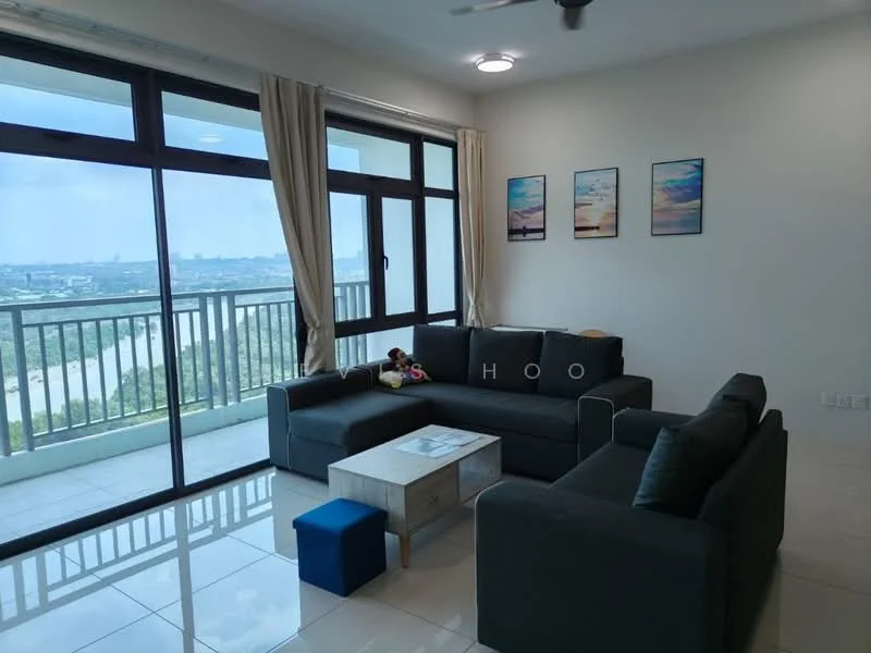 Living features: floor-to-ceiling windows, grey fabric sectional sofa, light-coloured coffee table, decorative wall art, white walls, recessed downlights, ceramic tile flooring, curtains, city view, ceiling fan; style: modern; view: city.