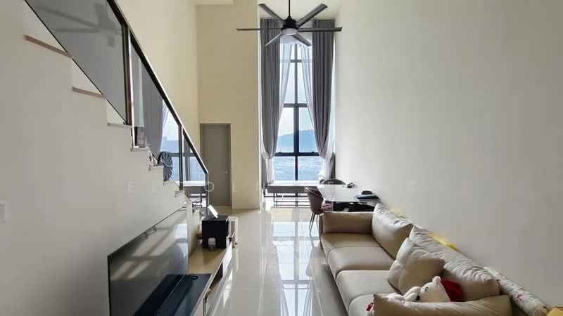 Living features: floor-to-ceiling windows, grey walls, white ceiling, 5-blade ceiling fan with light, cream leather sofa, coffee table, TV console, marble tile flooring, curtains, decorative items on sofa; style: modern; view: sea.