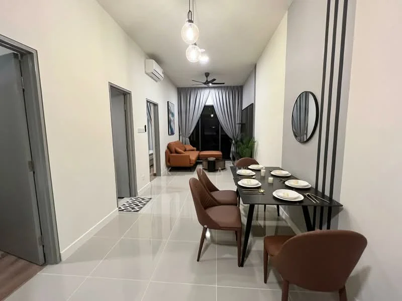 Dining features: black dining table, 4 brown upholstered dining chairs, decorative table setting with plates and cutlery, pendant lighting, grey walls, large window with city view, floor-to-ceiling curtains, air conditioning unit, wooden flooring, round mirror on wall; style: modern; view: city. Living features: brown fabric armchair, small round coffee table, decorative plant, grey walls, large window with city view, floor-to-ceiling curtains; style: modern; view: city.