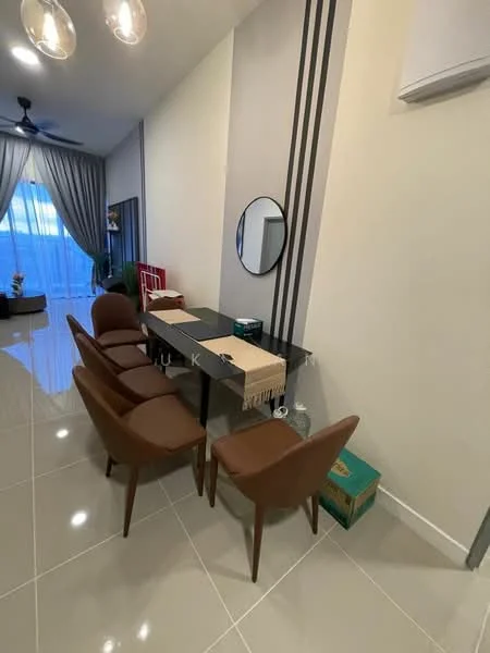Dining features: dining table with black surface, brown upholstered dining chairs, round mirror on wall, grey curtains, white painted walls, tile flooring, ceiling fan, decorative plant in corner, wall with vertical stripes, air conditioning unit on wall; style: modern.