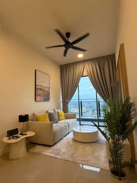 Living features: 3-seater fabric sofa in light grey, 2 yellow accent cushions, round coffee table with white surface, side table with lamp, floor-to-ceiling windows, curtains in light grey, marble tile flooring, 5-blade ceiling fan with light, decorative plant in pot, framed artwork on wall, area rug with neutral tones; style: modern; view: city.