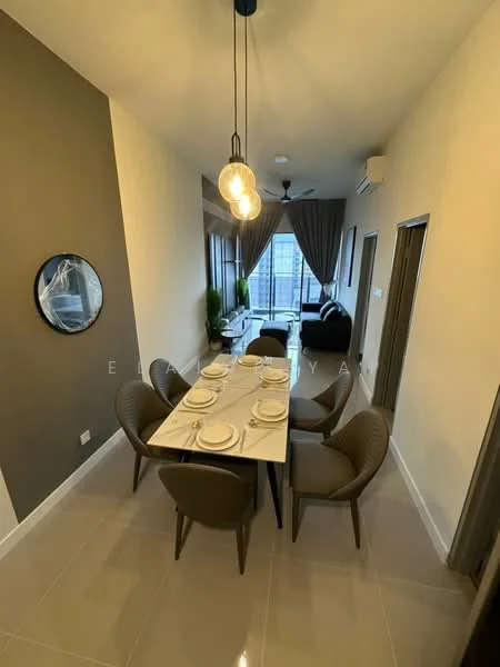Dining features: 6-seater dining table, marble tabletop, upholstered dining chairs in grey, pendant light fixture with three bulbs, wall-mounted mirror, grey accent wall, white painted walls, floor-to-ceiling windows, sliding glass door, ceiling fan; style: modern; view: city. Living features: sofa in dark fabric, coffee table, TV console, area rug, floor-to-ceiling windows, curtains, ceiling fan; style: modern; view: city.