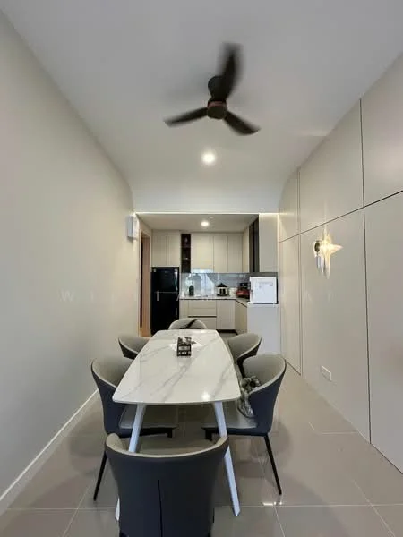 Dining features: marble dining table, 6 upholstered dining chairs in grey, recessed downlights, 5-blade ceiling fan, grey painted walls, glossy tile flooring, built-in cabinetry, black refrigerator, kitchen area visible in background, open layout; style: modern.