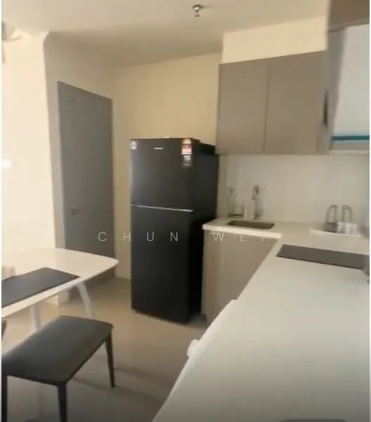 Kitchen features: grey cabinetry, white countertop, black fridge, stainless-steel sink, chrome pull-down faucet, built-in stove, dining table for two, black dining chairs, tile flooring, white backsplash, wall-mounted cabinets, open shelving; style: modern.