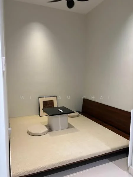 Room features: tatami mat flooring, wooden bench seating, low table, neutral painted walls, ceiling fan, framed artwork on wall; style: minimalist.