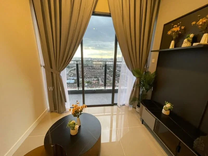 Living features: floor-to-ceiling windows, sliding glass door, grey curtains, white walls, glossy tile flooring, decorative plants, round coffee table, dark wood TV console, decorative vases with flowers; style: modern; view: city.