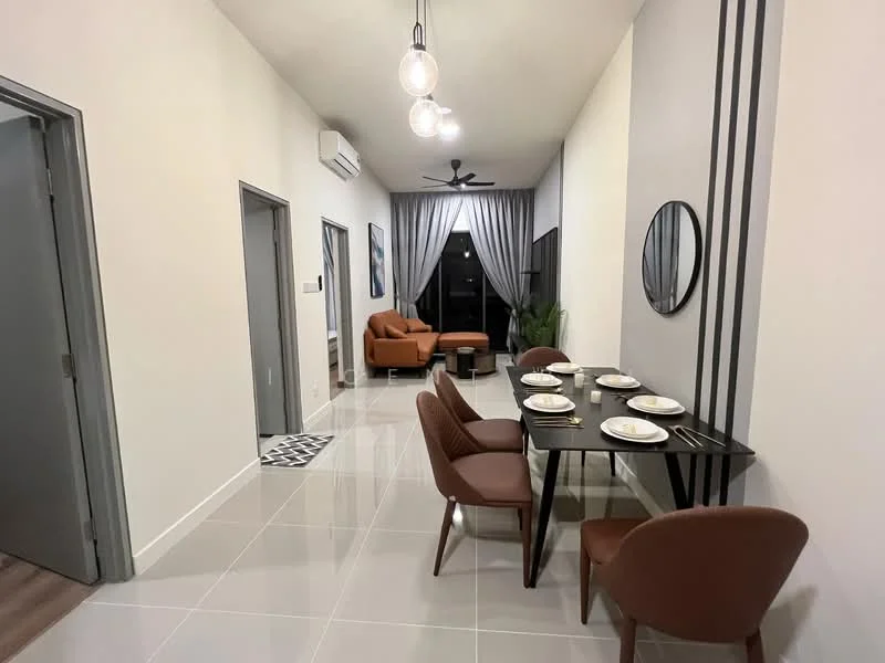 Dining features: rectangular dining table, 4 upholstered dining chairs in brown, white plates set on the table, cutlery on the table, pendant lighting above the table, grey walls, large window with sheer curtains, floor-to-ceiling windows, polished ceramic tile flooring, air conditioning unit on the wall, decorative mirror on the wall, green plant in the corner, accent chair in orange, coffee table in front of the accent chair; style: modern; view: city.