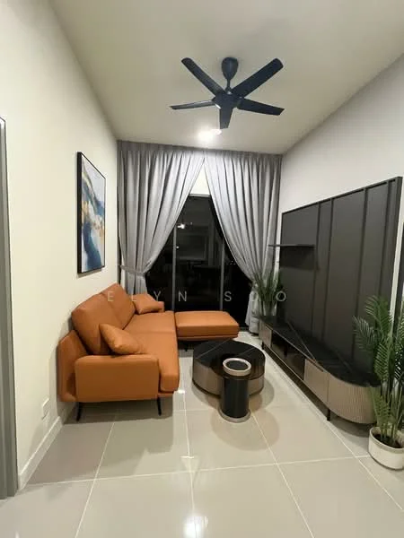 Living features: orange L-shape sectional sofa, black coffee table, TV console with storage, wall-mounted TV, floor-to-ceiling windows, grey curtains, ceiling fan with light, decorative plant in pot, white painted walls, glossy tile flooring; style: modern.